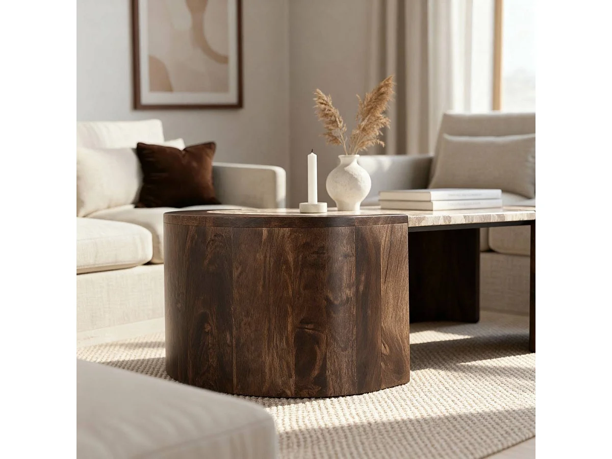 Table basse ovale en bois de manguier et marbre Agnès