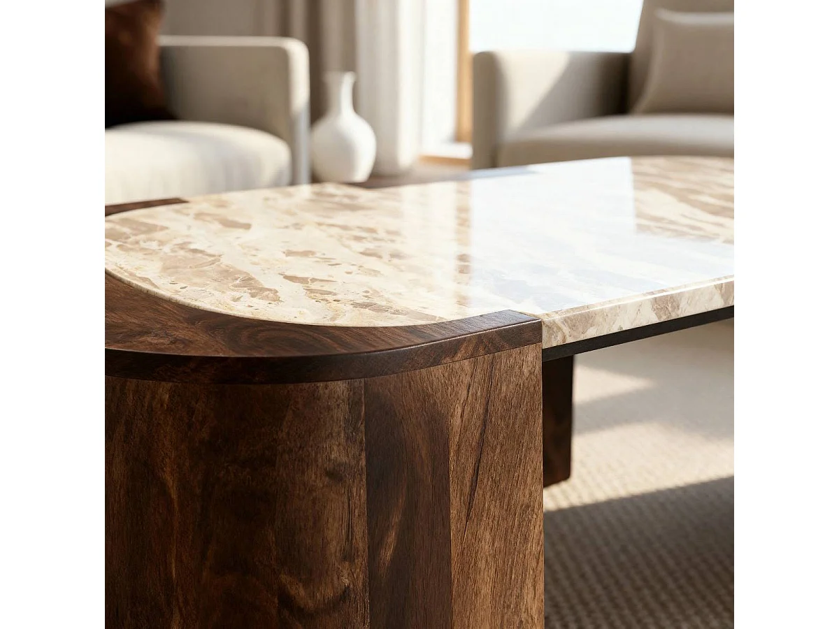 Table basse ovale en bois de manguier et marbre Agnès