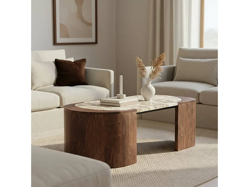 Table basse ovale en bois de manguier et marbre Agnès