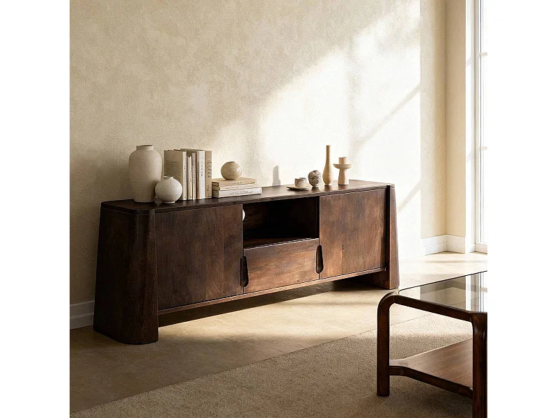 Meuble TV en bois de manguier foncé Liriel