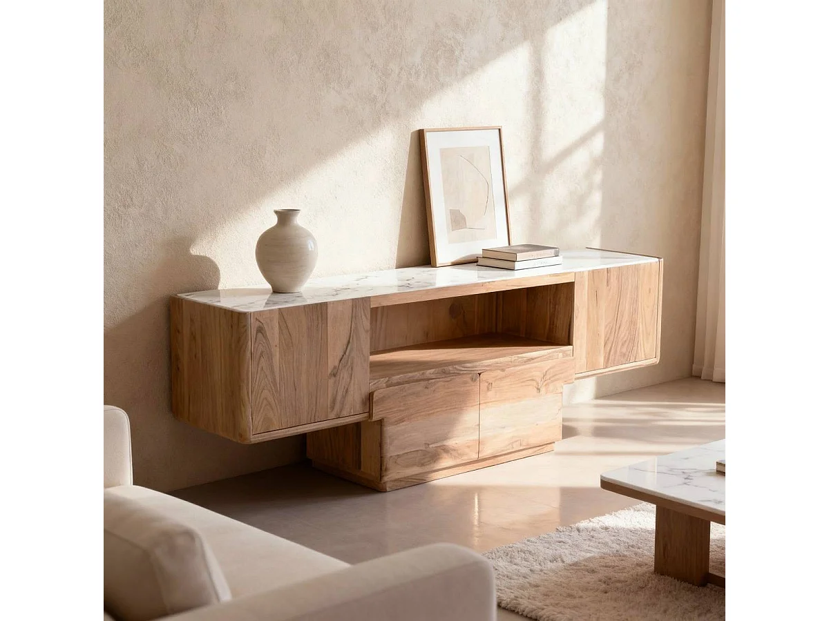 Meuble TV en bois d'acacia et marbre Tara