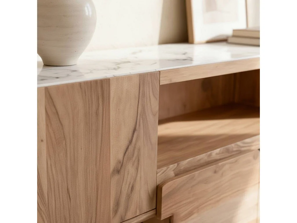 Meuble TV en bois d'acacia et marbre Tara