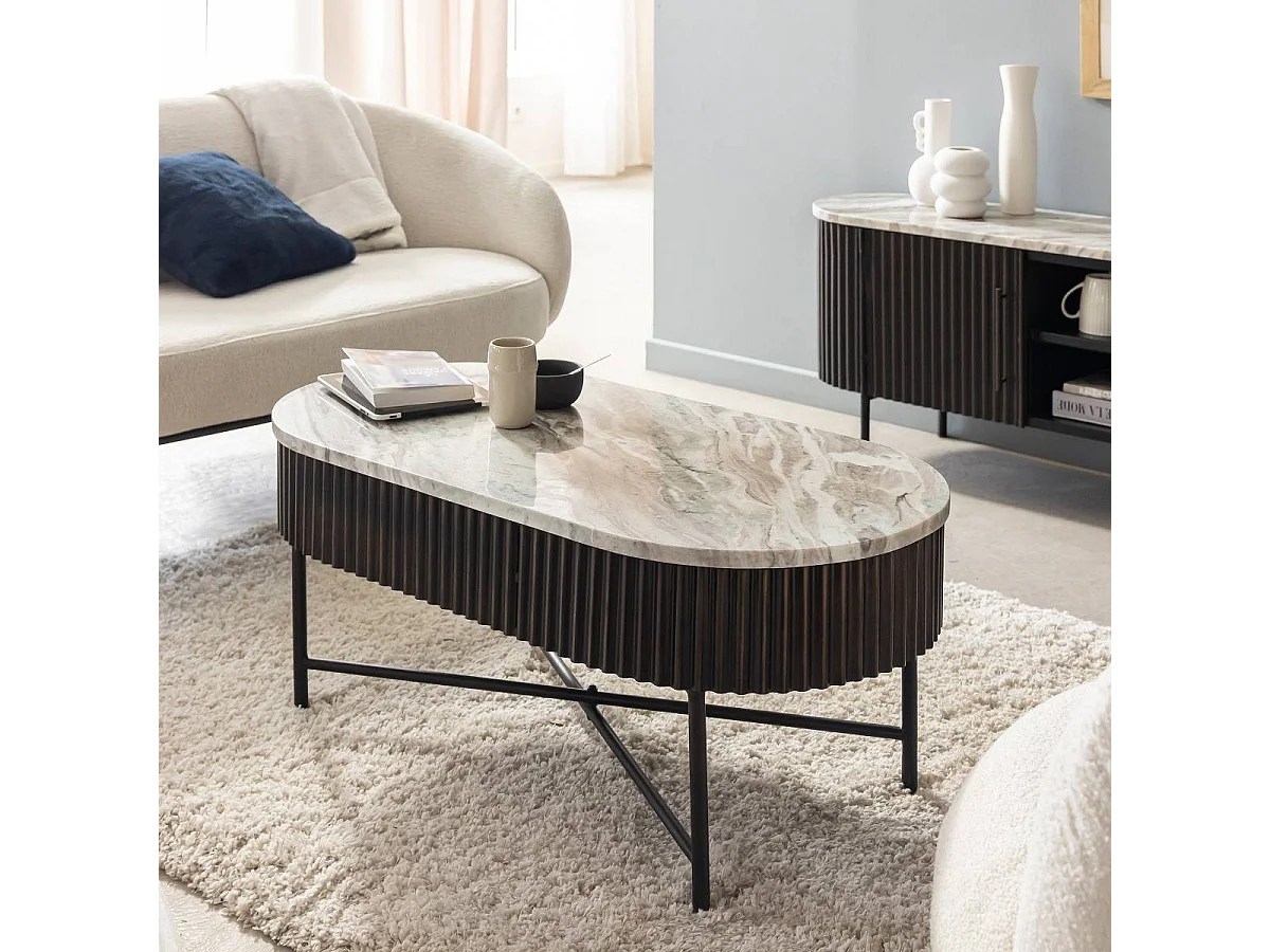 Table basse en métal noir et marbre Alfred