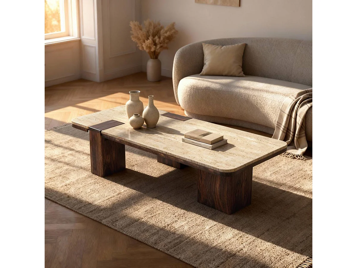 Table basse en bois de manguier et travertin Carola