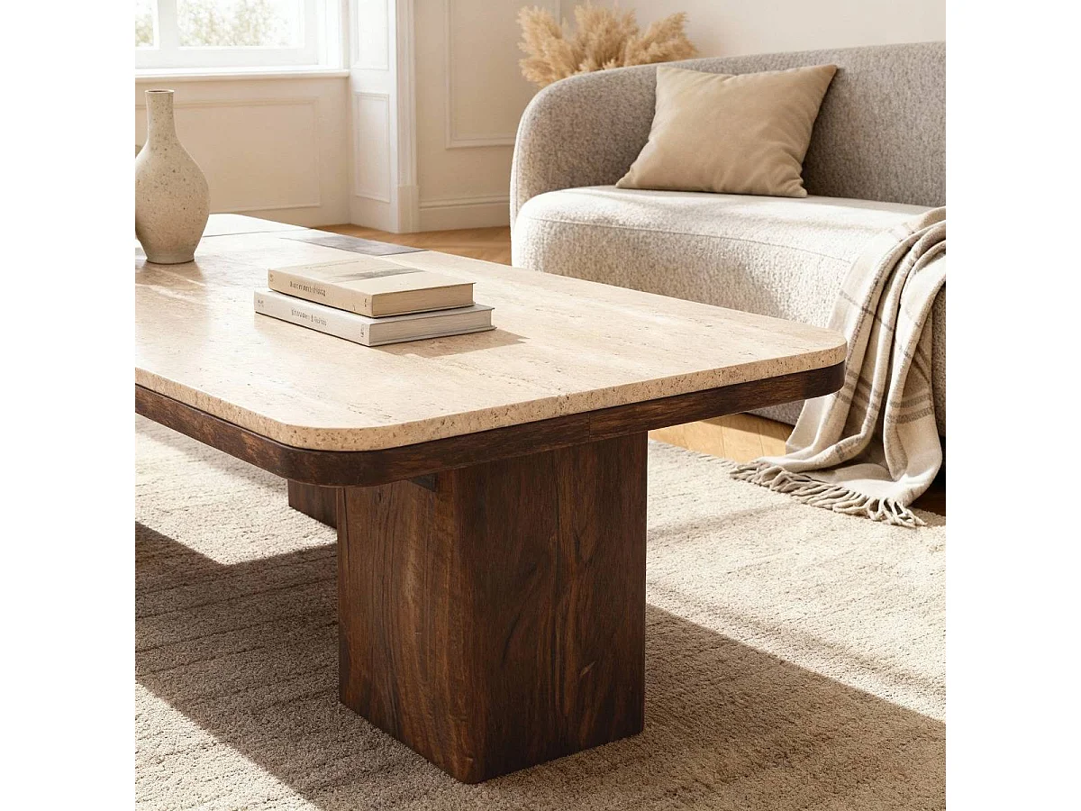 Table basse en bois de manguier et travertin Carola