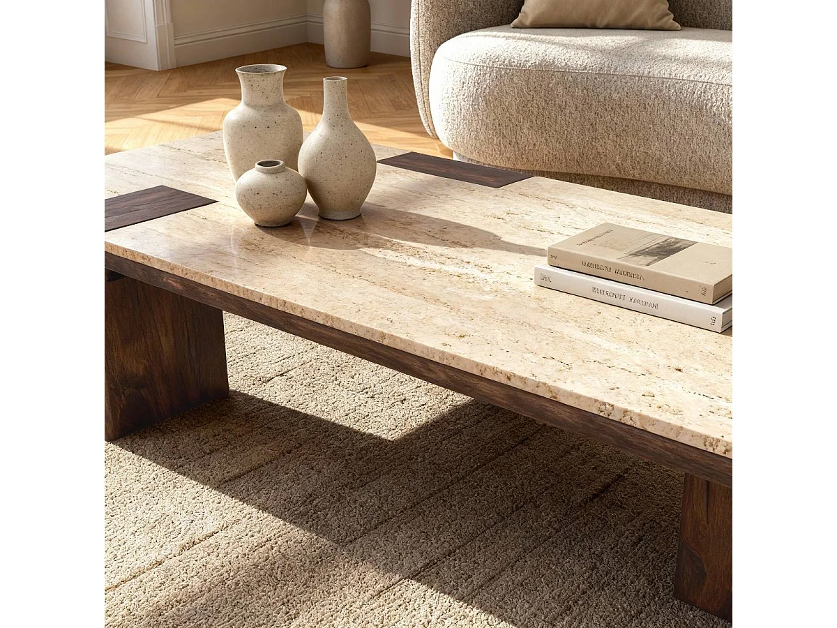 Table basse en bois de manguier et travertin Carola