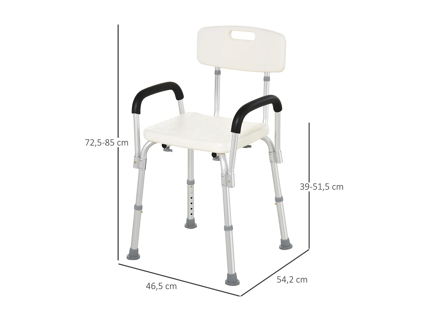 Chaise de douche siège de douche ergonomique hauteur réglable pieds antidérapants dossier accoudoirs amovibles charge max. 136 Kg alu HDPE blanc
