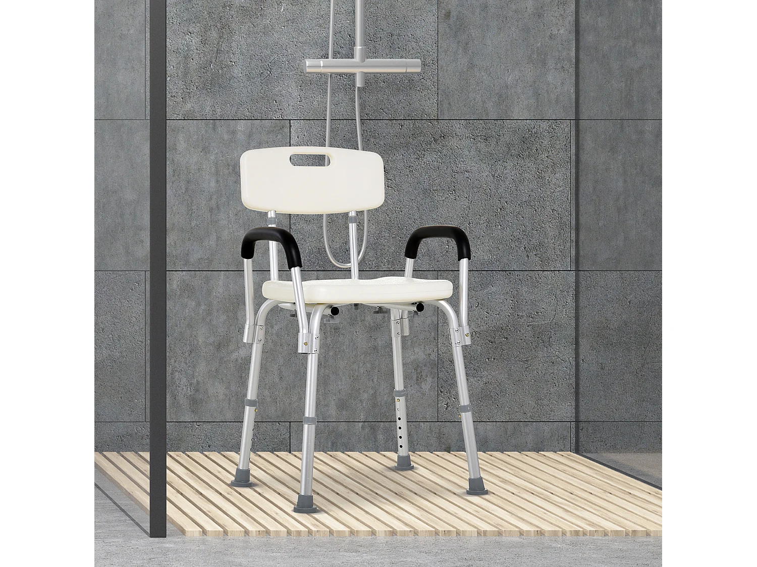 Chaise de douche siège de douche ergonomique hauteur réglable pieds antidérapants dossier accoudoirs amovibles charge max. 136 Kg alu HDPE blanc
