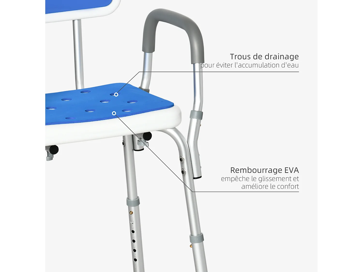 Chaise de douche siège de douche ergonomique hauteur réglable pieds antidérapants charge max. 136 Kg alu HDPE blanc bleu