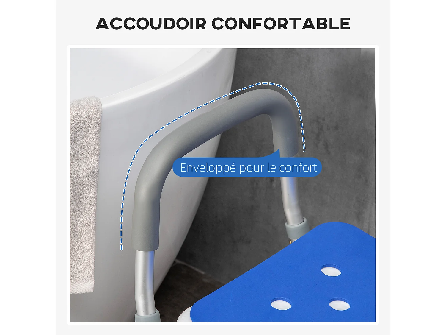 Chaise de douche siège de douche ergonomique hauteur réglable pieds antidérapants charge max. 136 Kg alu HDPE blanc bleu