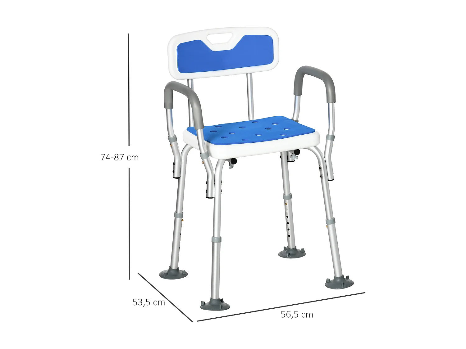Chaise de douche siège de douche ergonomique hauteur réglable pieds antidérapants charge max. 136 Kg alu HDPE blanc bleu