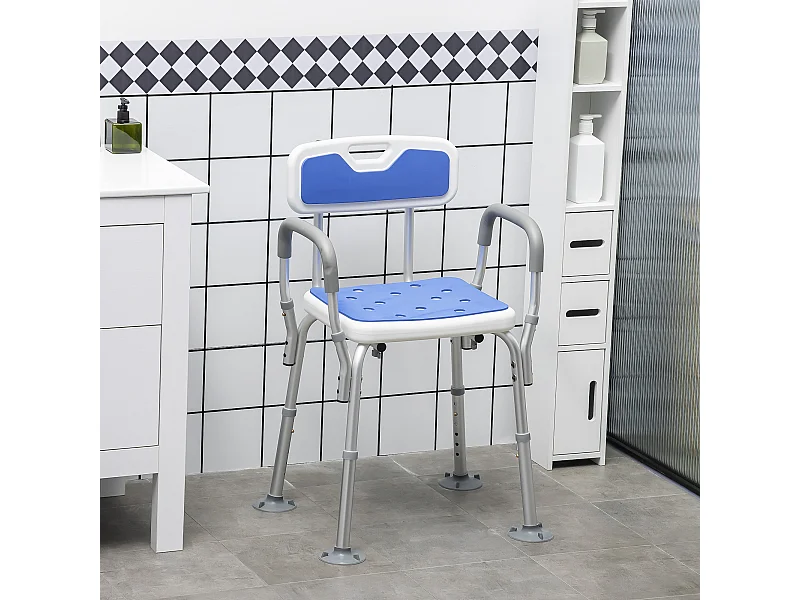 Chaise de douche siège de douche ergonomique hauteur réglable pieds antidérapants charge max. 136 Kg alu HDPE blanc bleu