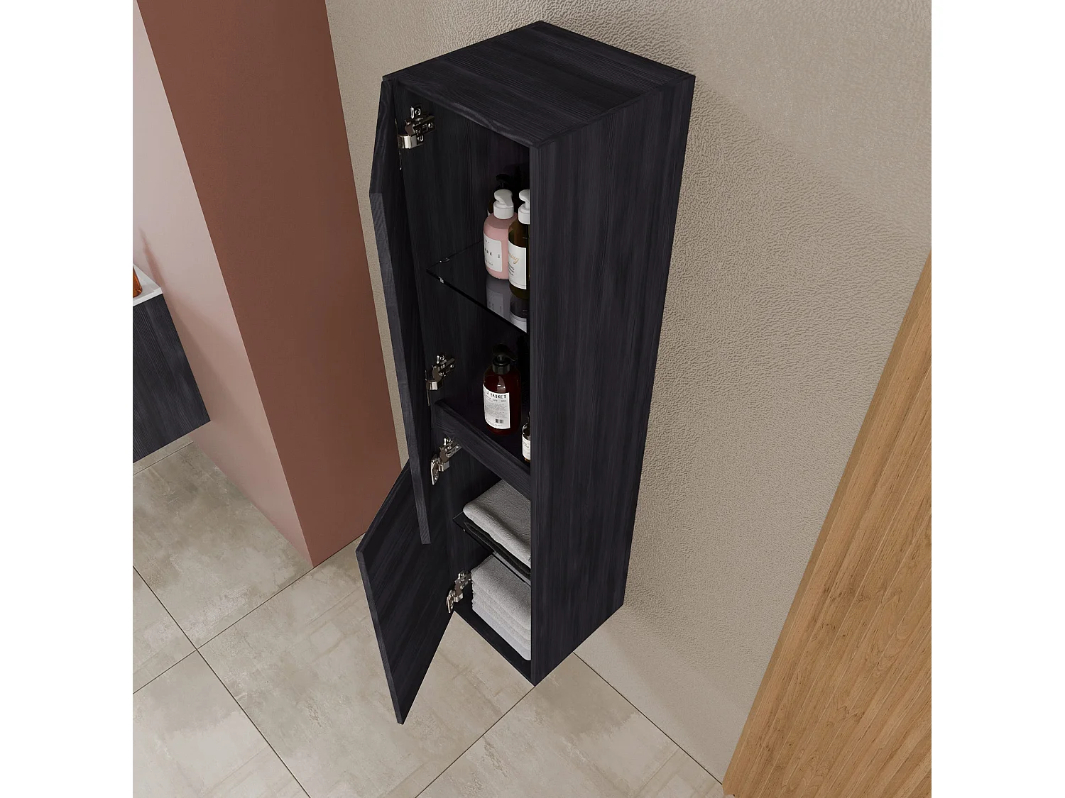 Colonne De Salle De Bains Suspendue 2 Portes Chêne Gris Foncé