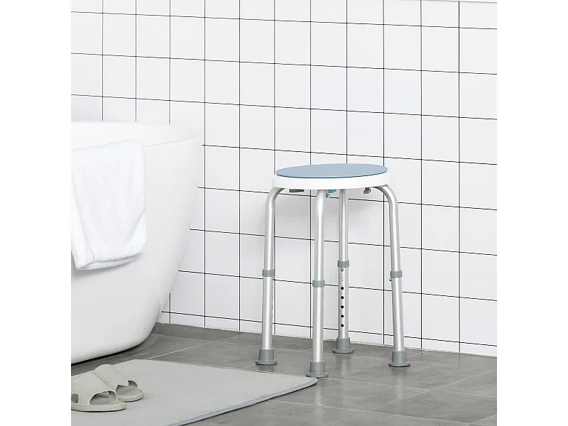 Tabouret de douche siège de douche - hauteur réglable, pivotant 360° - alu PP blanc bleu