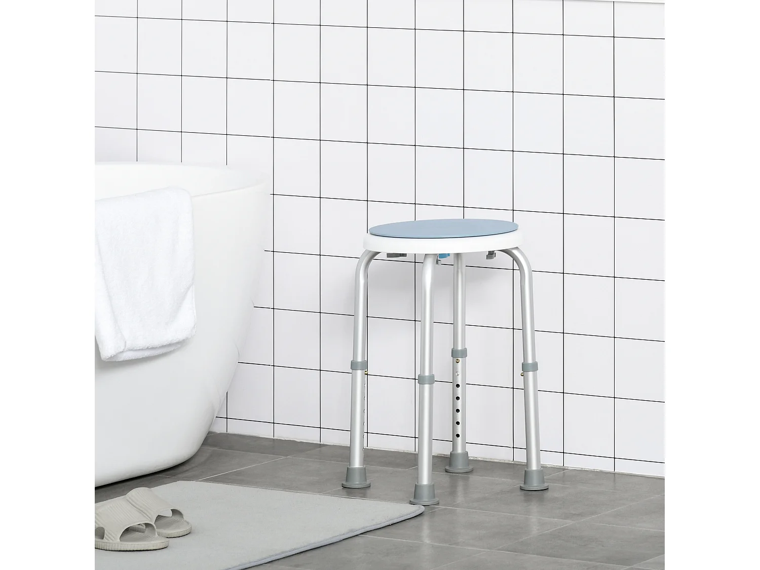 Tabouret de douche siège de douche - hauteur réglable, pivotant 360° - alu PP blanc bleu
