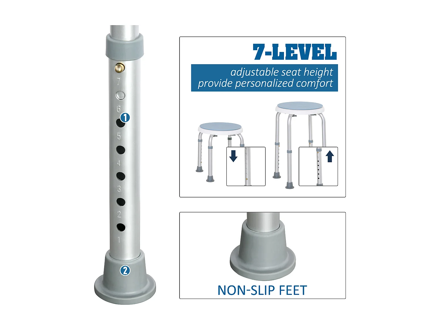 Tabouret de douche siège de douche - hauteur réglable, pivotant 360° - alu PP blanc bleu