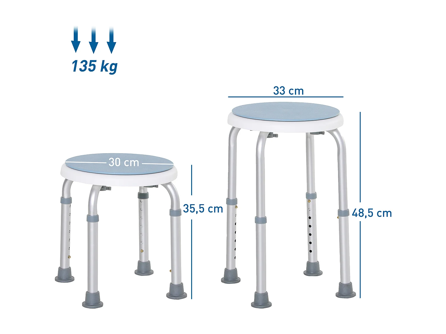 Tabouret de douche siège de douche - hauteur réglable, pivotant 360° - alu PP blanc bleu