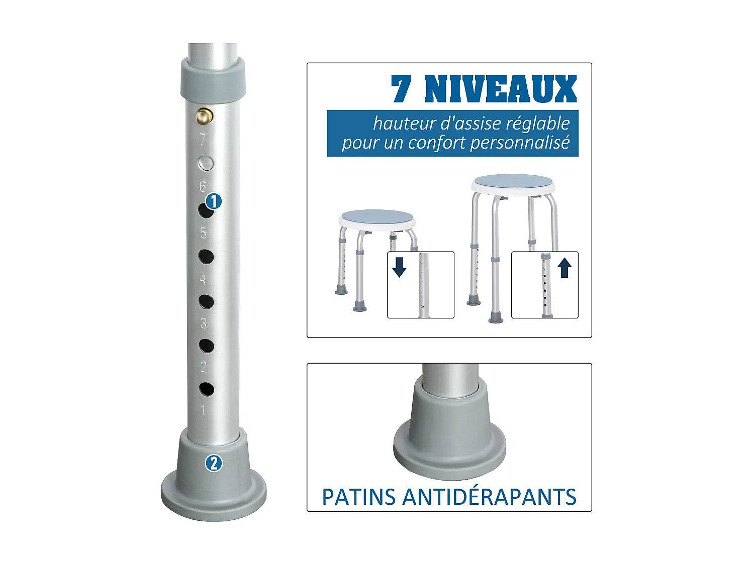 Tabouret de douche siège de douche - hauteur réglable, pivotant 360° - alu PP blanc bleu