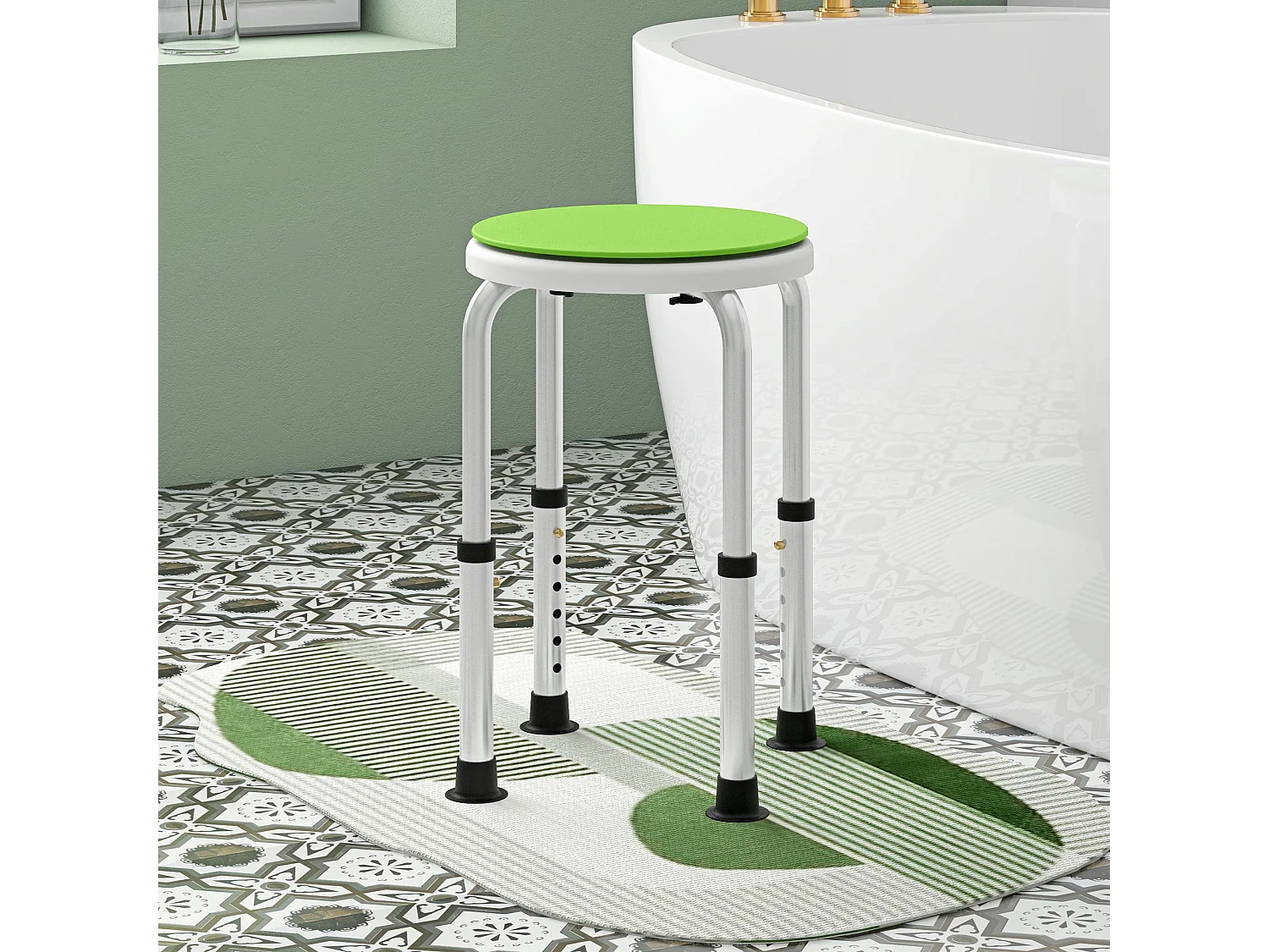 Tabouret de douche siège de douche - hauteur réglable, pivotant 360° - alu PP blanc vert
