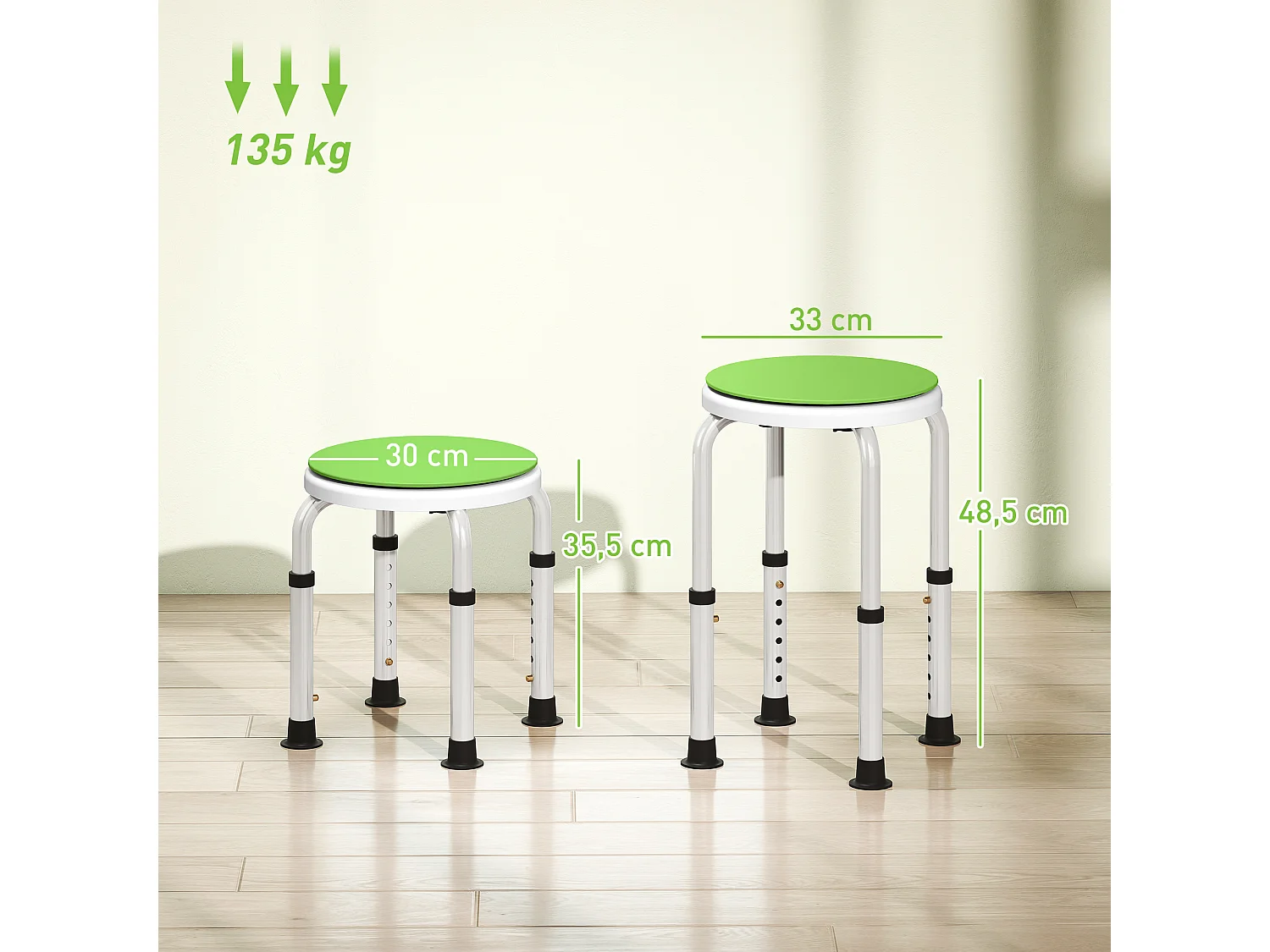 Tabouret de douche siège de douche - hauteur réglable, pivotant 360° - alu PP blanc vert