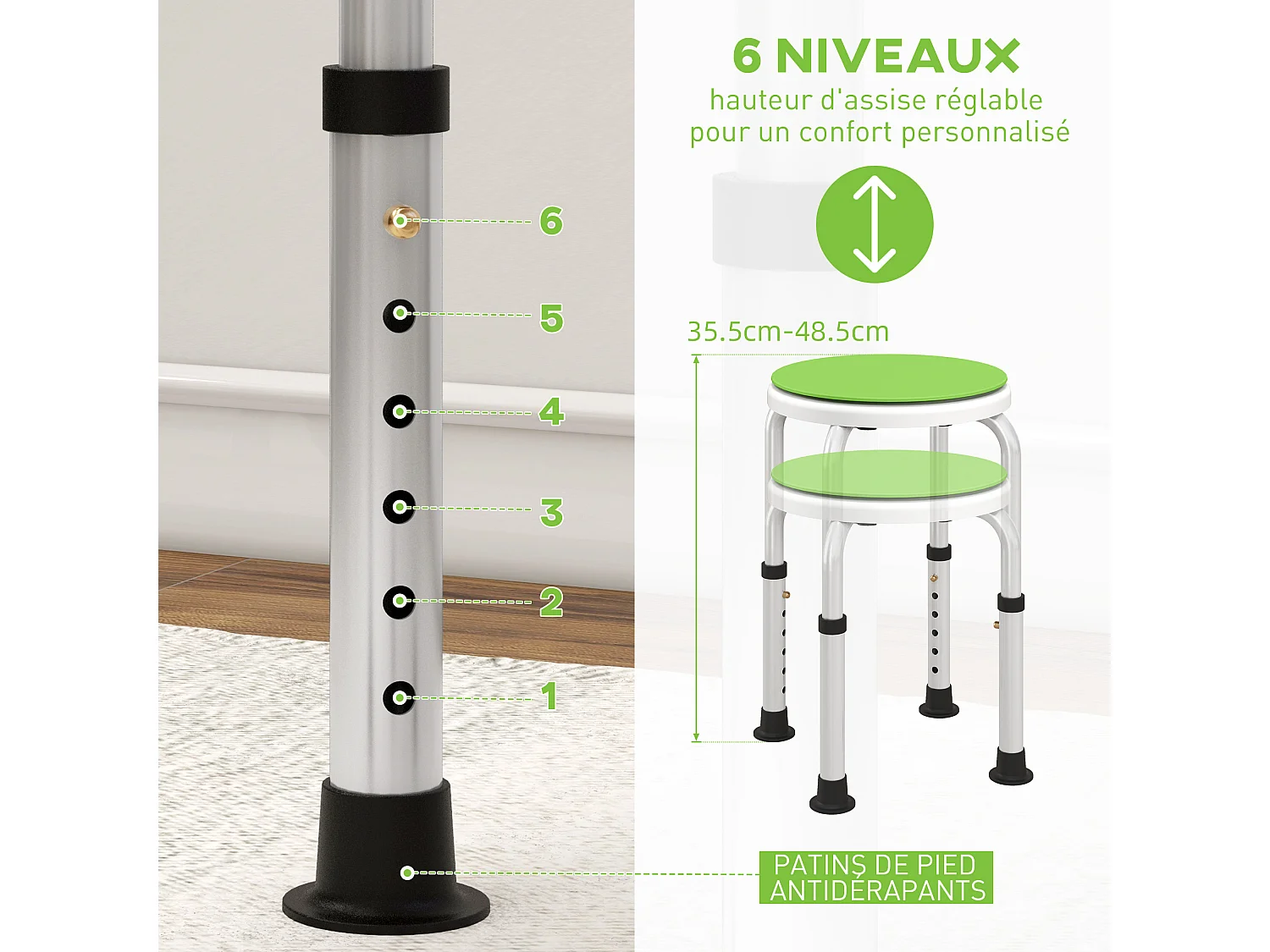 Tabouret de douche siège de douche - hauteur réglable, pivotant 360° - alu PP blanc vert