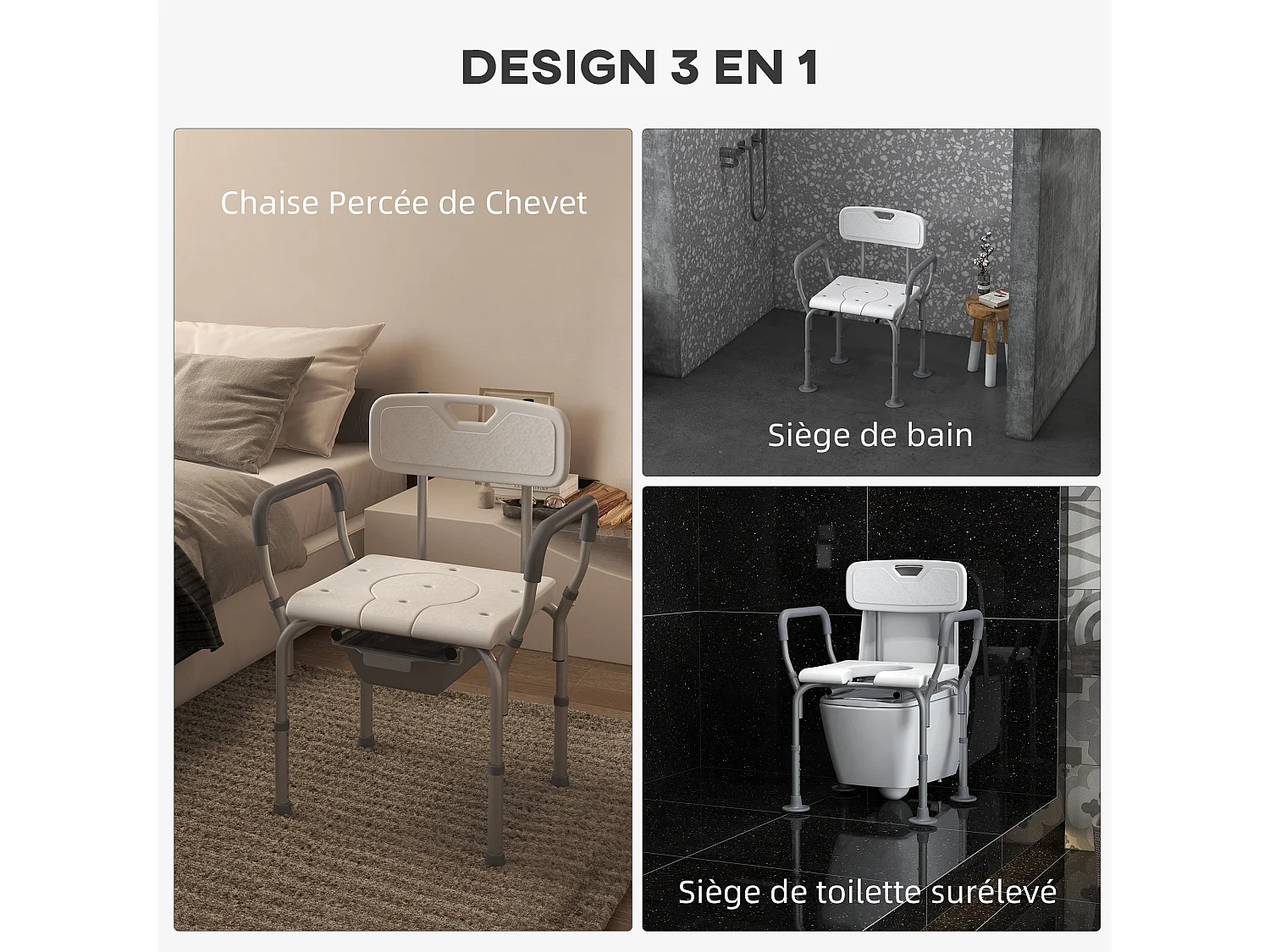 Chaise de douche chaise percée 2 en 1 - hauteur réglable, antidépante - seau de toilette, accoudoirs - alu HDPE blanc