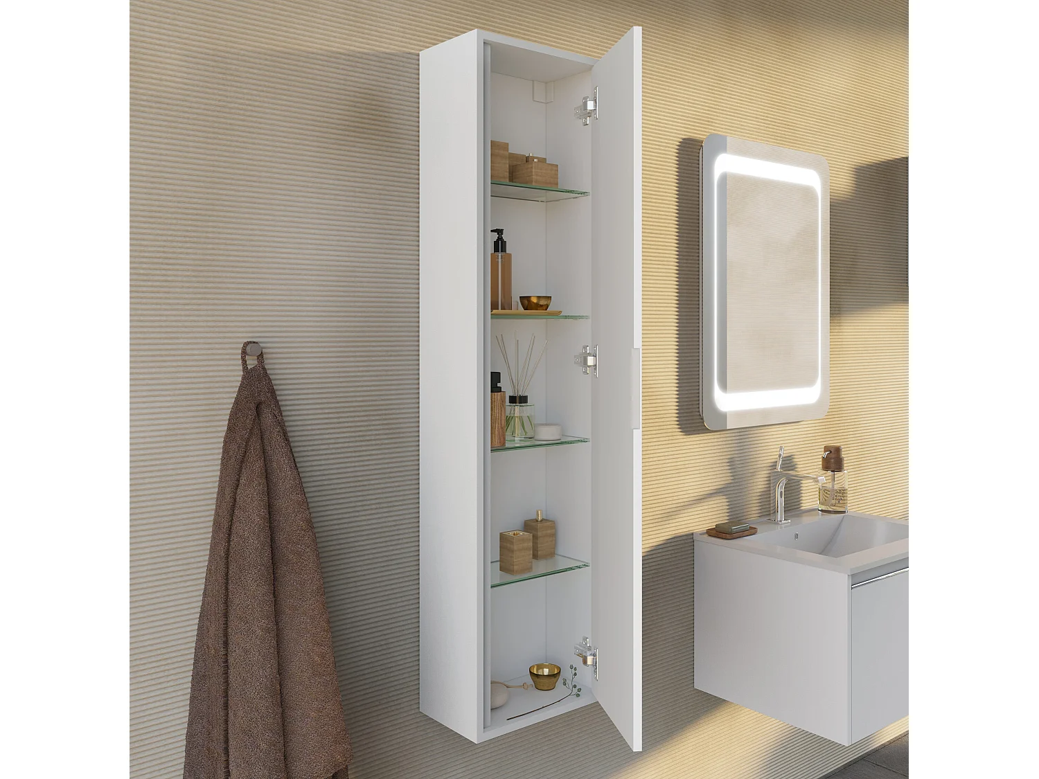 Colonne De Salle De Bains Murale À Encombrement Réduit H140 Gris Clair Mat  | Monaco