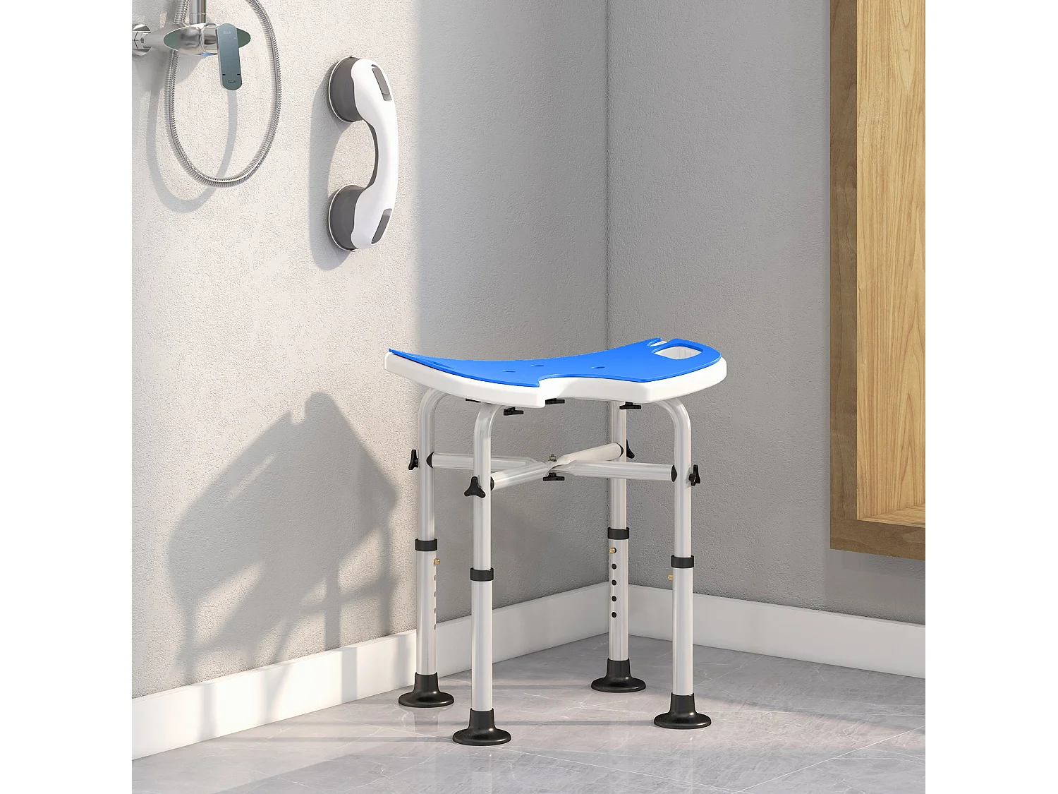 Tabouret de douche - siège de douche avec barre d'appui ventouse - hauteur réglable - alu HDPE bleu blanc