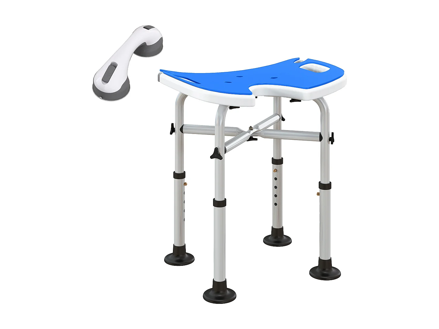 Tabouret de douche - siège de douche avec barre d'appui ventouse - hauteur réglable - alu HDPE bleu blanc