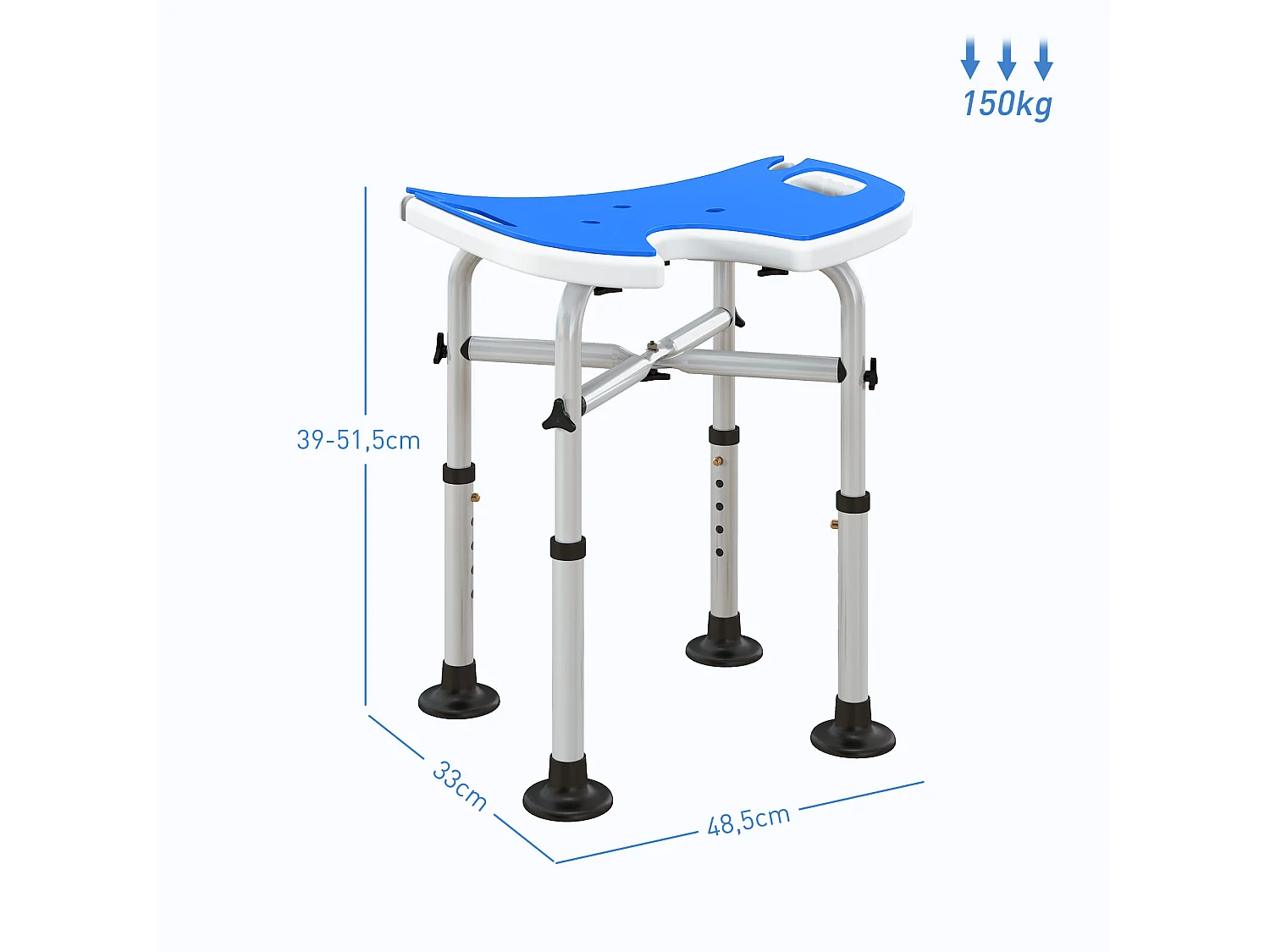Tabouret de douche - siège de douche avec barre d'appui ventouse - hauteur réglable - alu HDPE bleu blanc