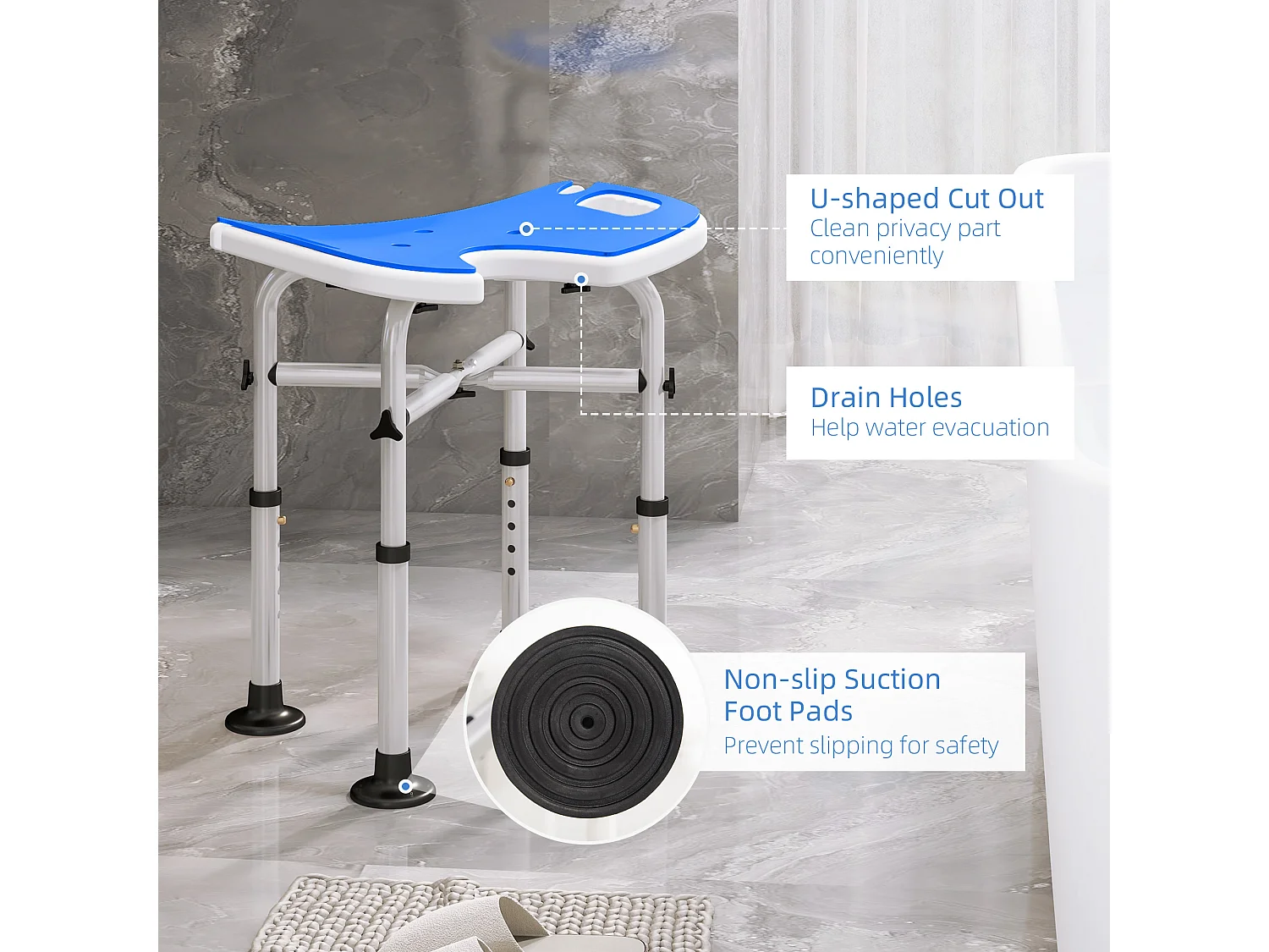 Tabouret de douche - siège de douche avec barre d'appui ventouse - hauteur réglable - alu HDPE bleu blanc