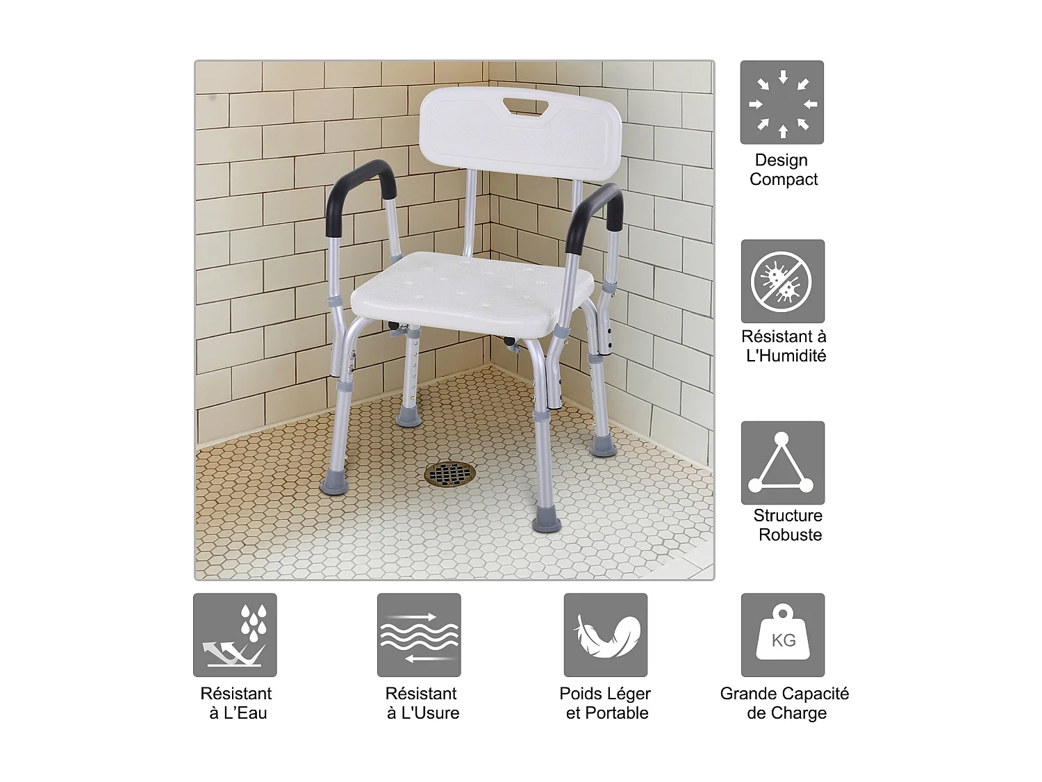Chaise de douche siège de douche ergonomique hauteur réglable pieds antidérapants charge max. 135 Kg alu HDPE blanc