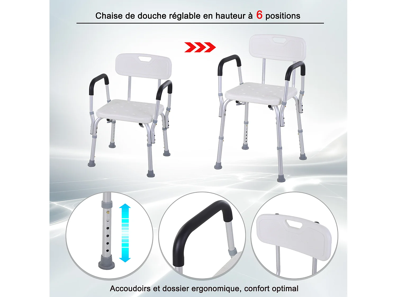 Chaise de douche siège de douche ergonomique hauteur réglable pieds antidérapants charge max. 135 Kg alu HDPE blanc