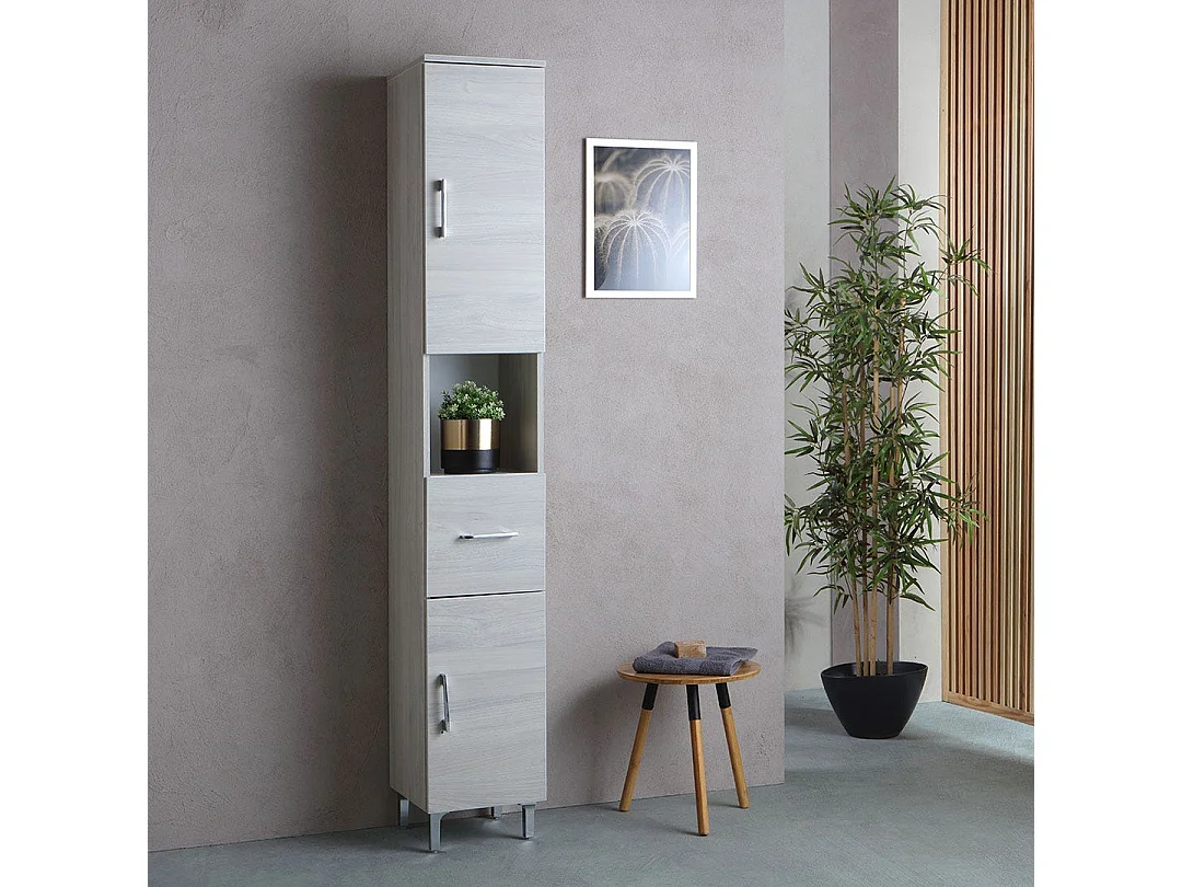 Colonne De Salle De Bain En Bois Gris, Portes, Tiroir Et Compartiment Ouvert | Rimini