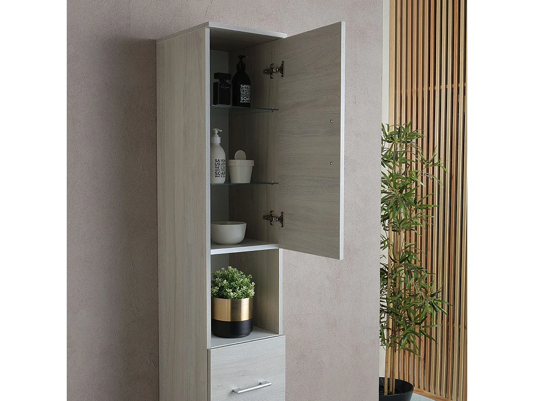 Colonne De Salle De Bain En Bois Gris, Portes, Tiroir Et Compartiment Ouvert | Rimini