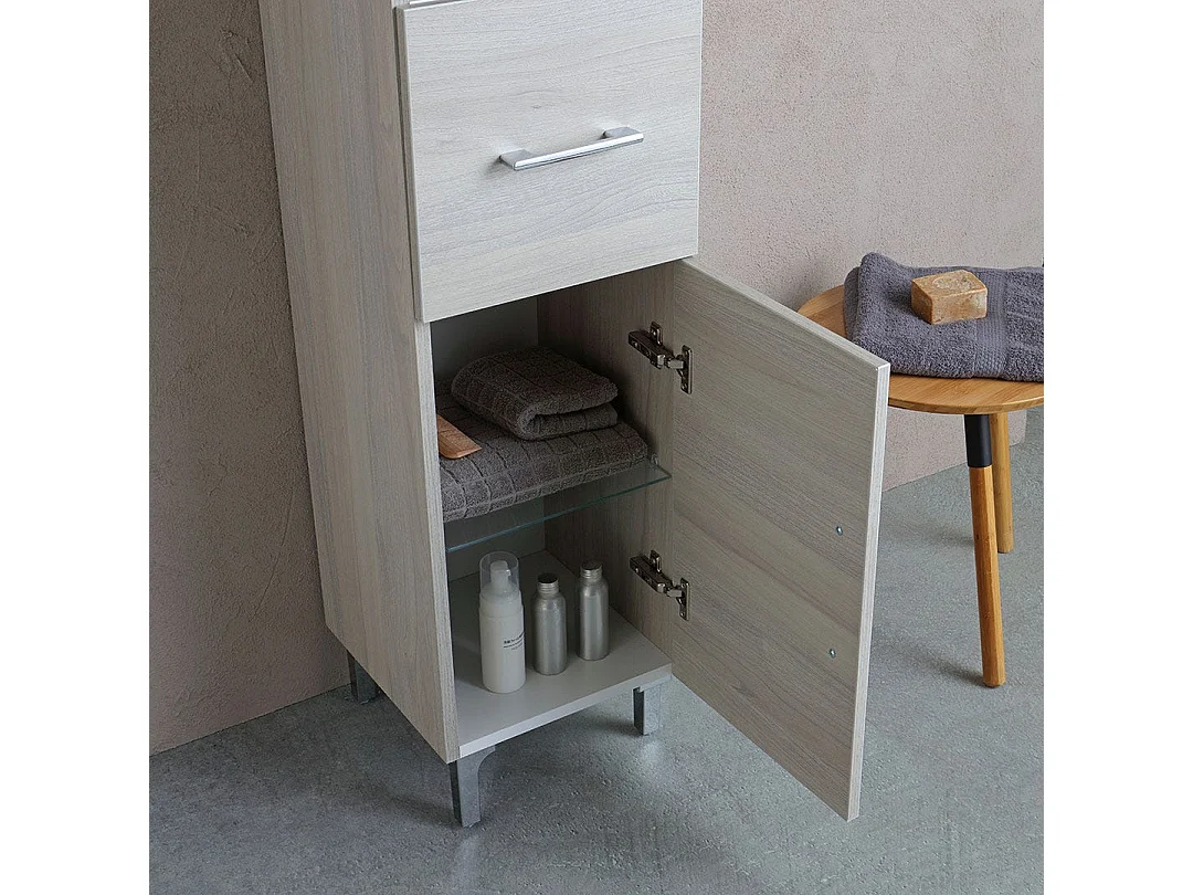 Colonne De Salle De Bain En Bois Gris, Portes, Tiroir Et Compartiment Ouvert | Rimini