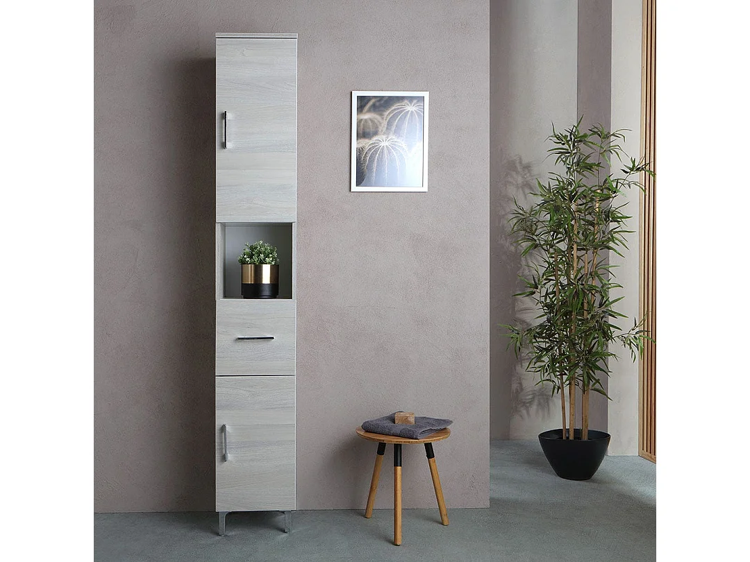 Colonne De Salle De Bain En Bois Gris, Portes, Tiroir Et Compartiment Ouvert | Rimini
