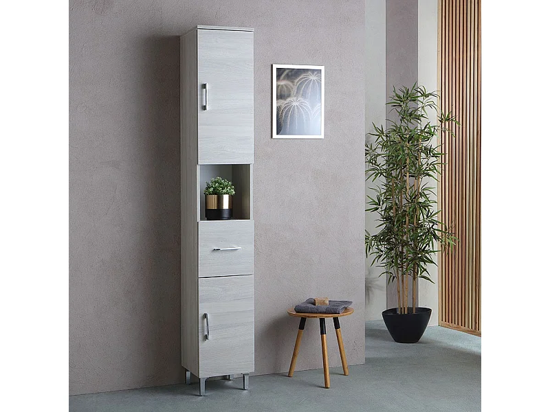 Colonne De Salle De Bain En Bois Gris, Portes, Tiroir Et Compartiment Ouvert | Rimini