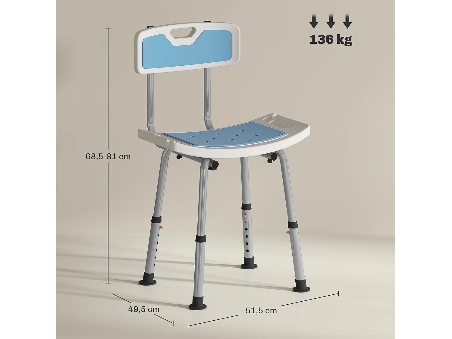 Chaise de douche siège de douche ergonomique hauteur réglable pieds antidérapants charge max. 136 Kg alu HDPE bleu