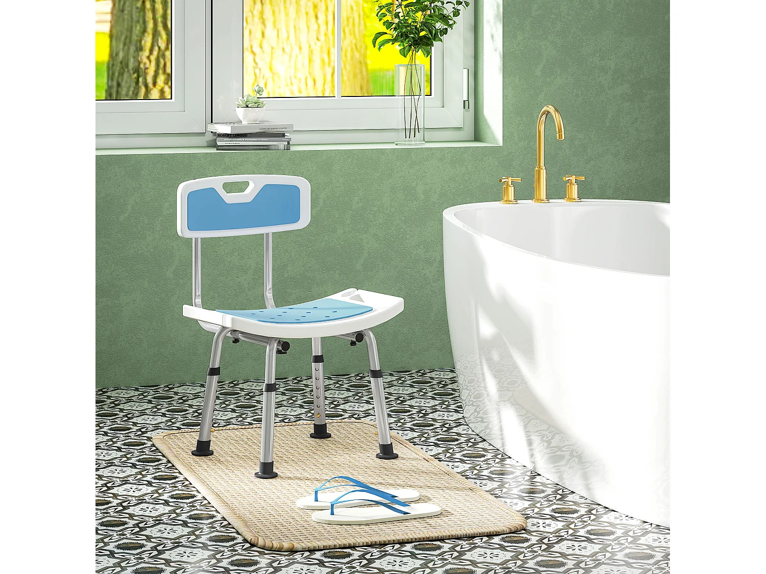 Chaise de douche siège de douche ergonomique hauteur réglable pieds antidérapants charge max. 136 Kg alu HDPE bleu