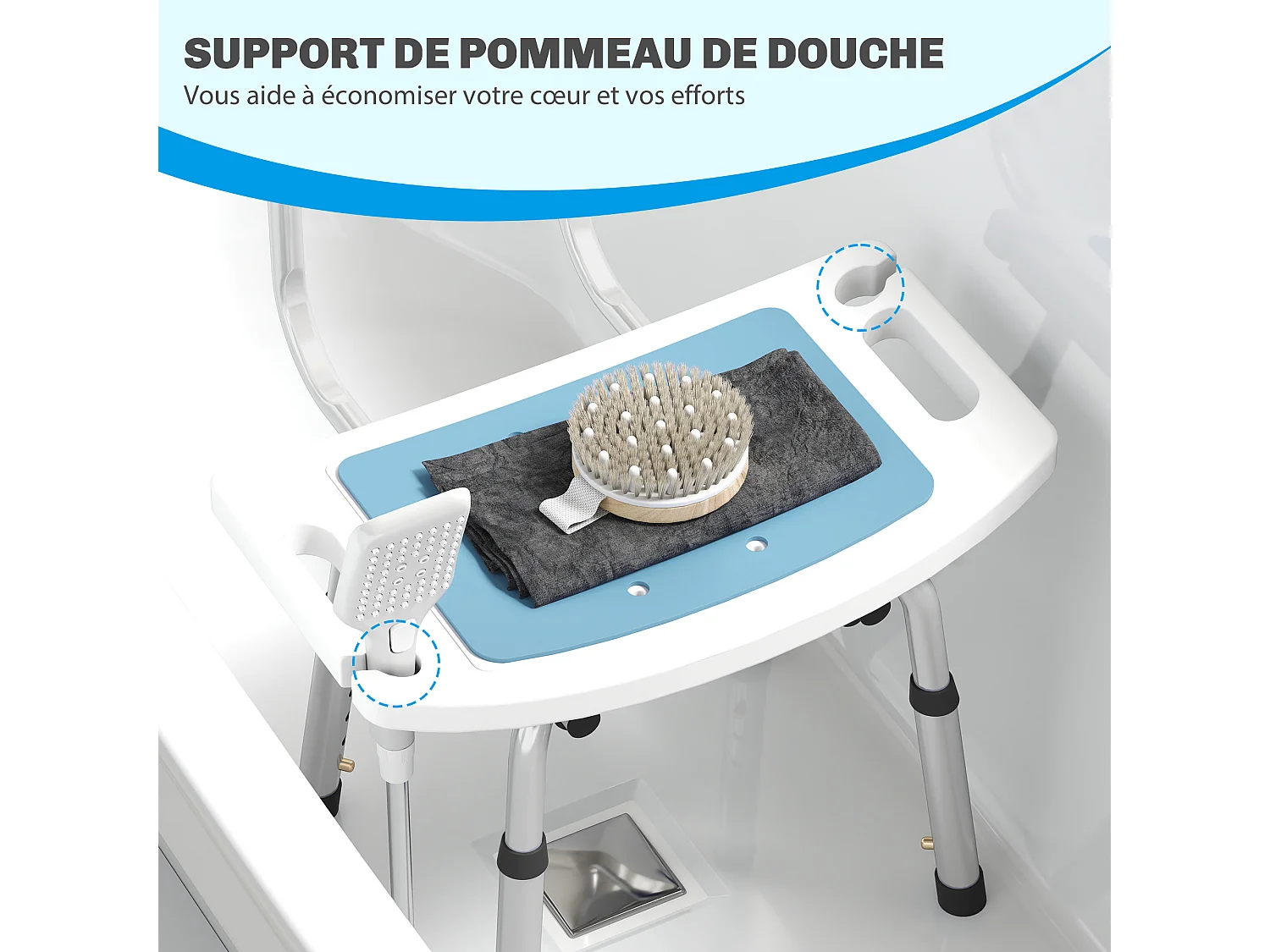 Chaise de douche siège de douche ergonomique hauteur réglable pieds antidérapants charge max. 136 Kg alu HDPE bleu