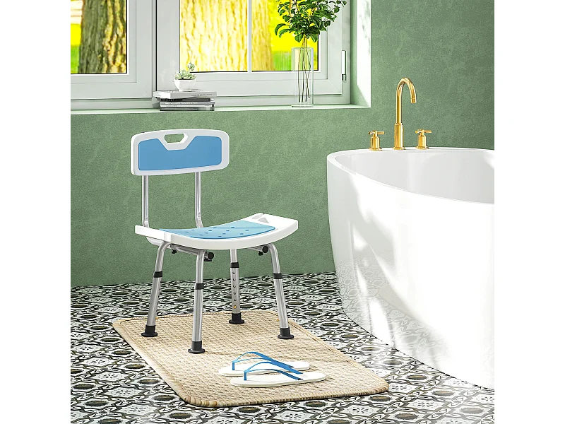 Chaise de douche siège de douche ergonomique hauteur réglable pieds antidérapants charge max. 136 Kg alu HDPE bleu