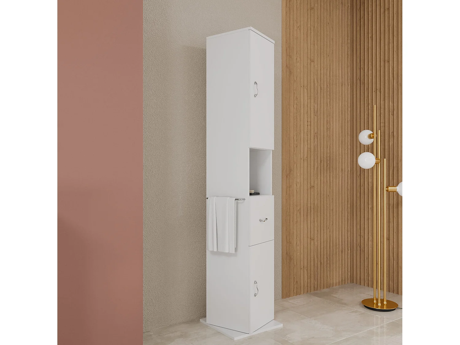 Colonne De Salle De Bains Pivotante 2 Portes, 1 Tiroir Et Compartiment Ouvert | Easy