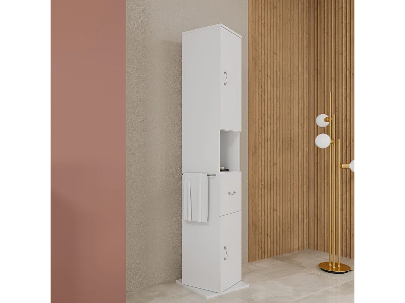 Colonne De Salle De Bains Pivotante 2 Portes, 1 Tiroir Et Compartiment Ouvert | Easy