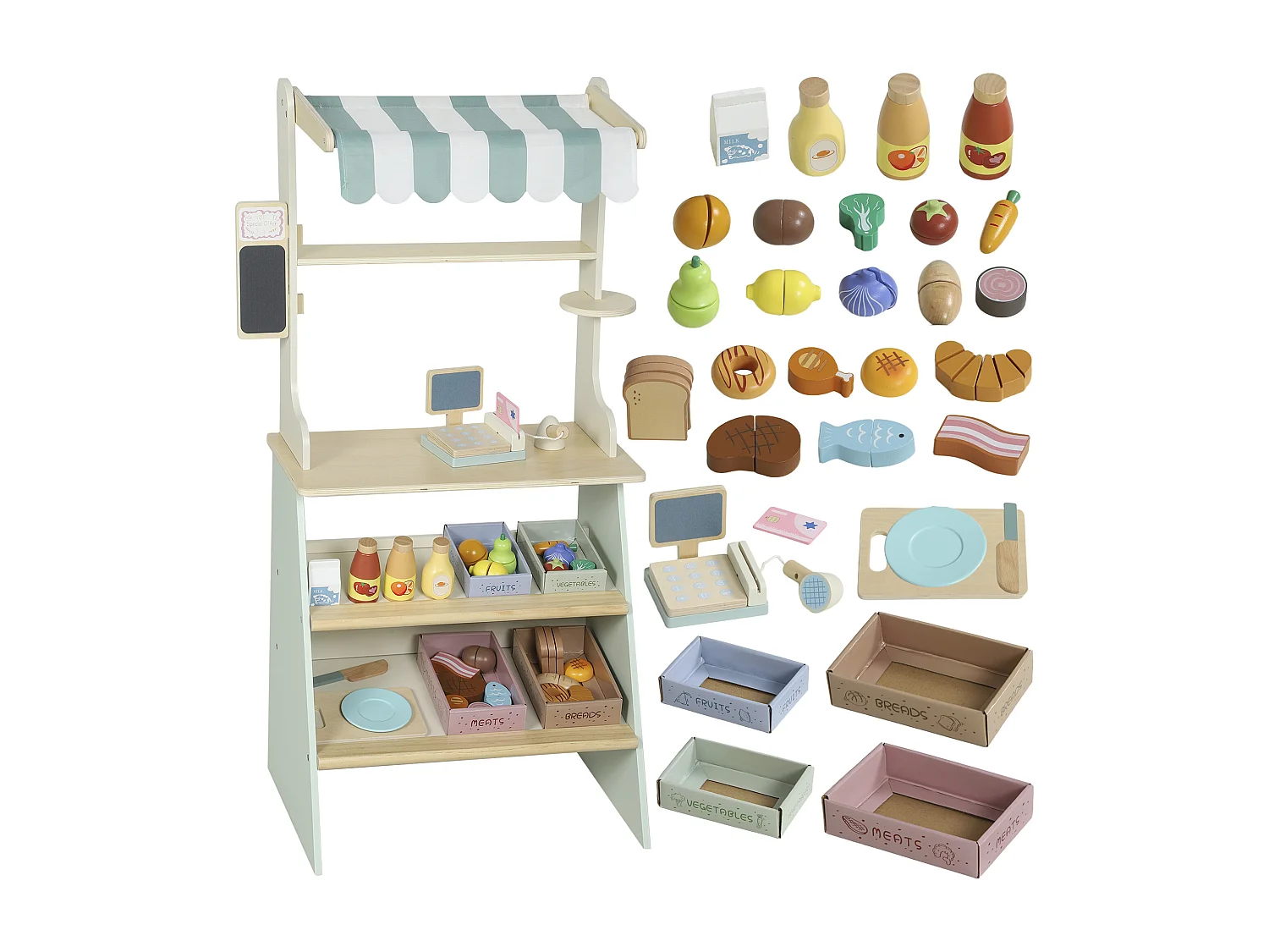 Jeu de la marchande en bois - jeu imitation supermarché enfant - nombreux accessoires - bois clair vert d'eau