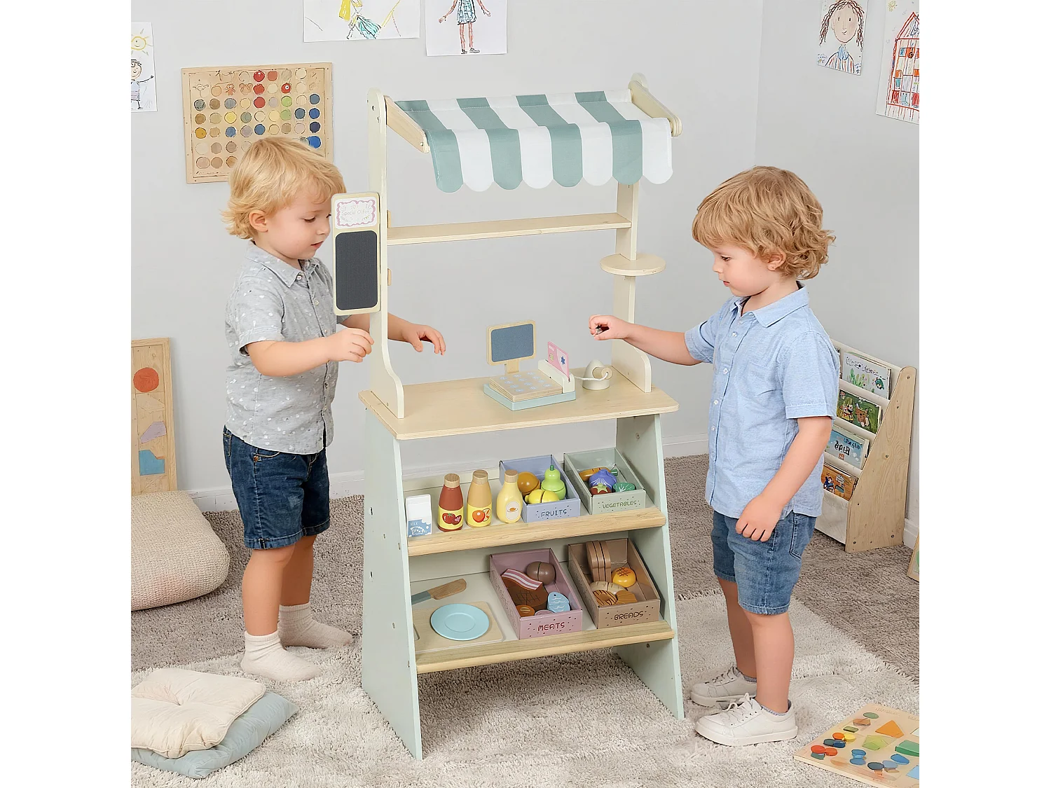 Jeu de la marchande en bois - jeu imitation supermarché enfant - nombreux accessoires - bois clair vert d'eau