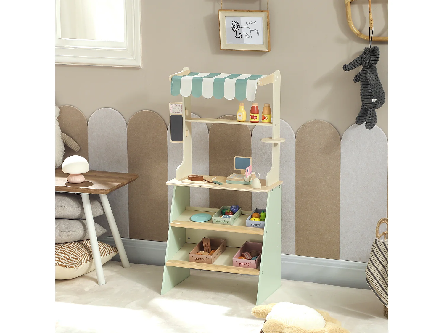 Jeu de la marchande en bois - jeu imitation supermarché enfant - nombreux accessoires - bois clair vert d'eau