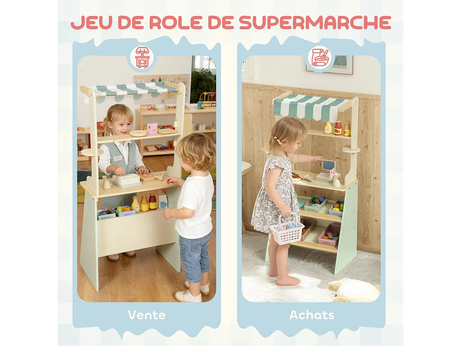 Jeu de la marchande en bois - jeu imitation supermarché enfant - nombreux accessoires - bois clair vert d'eau