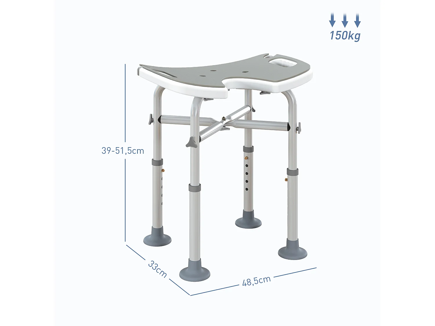 Tabouret de douche - siège de douche avec barre d'appui ventouse - hauteur réglable - alu HDPE gris blanc