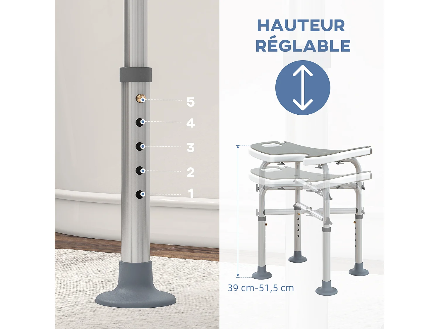 Tabouret de douche - siège de douche avec barre d'appui ventouse - hauteur réglable - alu HDPE gris blanc